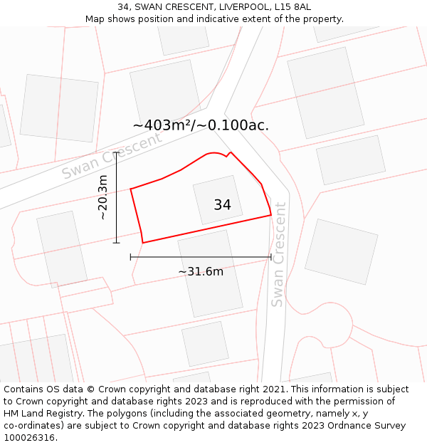 34, SWAN CRESCENT, LIVERPOOL, L15 8AL: Plot and title map