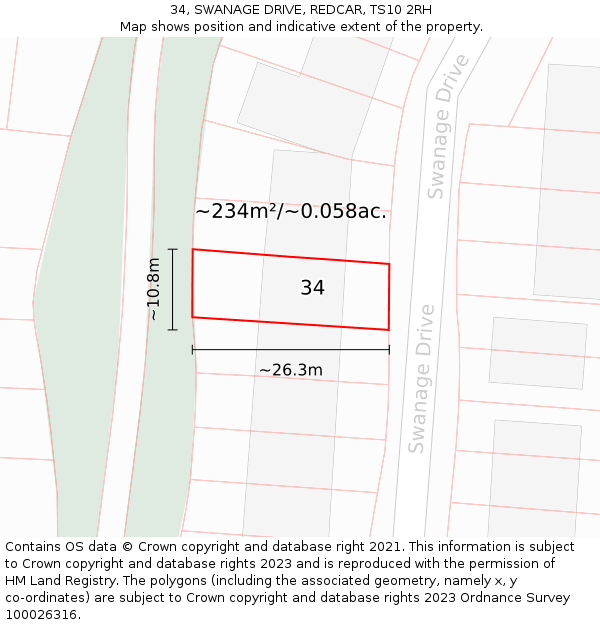 34, SWANAGE DRIVE, REDCAR, TS10 2RH: Plot and title map