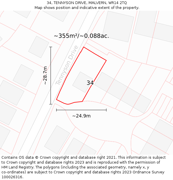 34, TENNYSON DRIVE, MALVERN, WR14 2TQ: Plot and title map