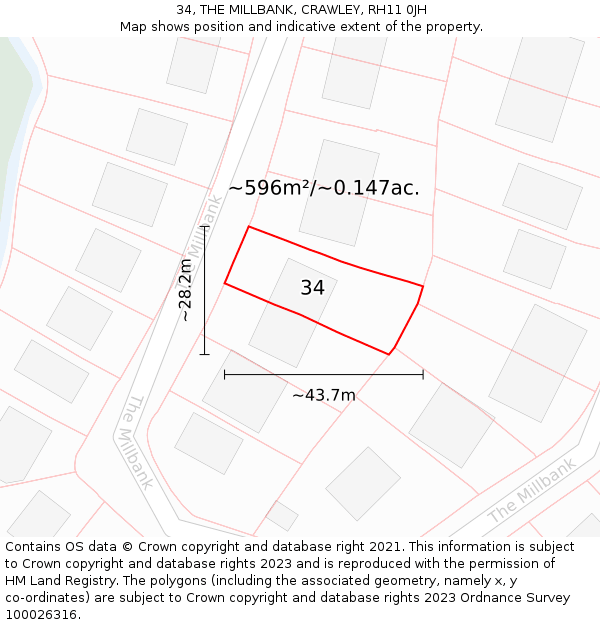 34, THE MILLBANK, CRAWLEY, RH11 0JH: Plot and title map