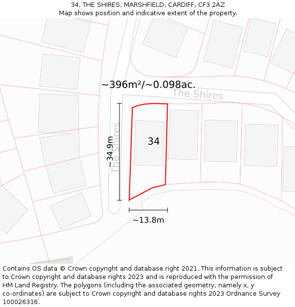 34, THE SHIRES, MARSHFIELD, CARDIFF, CF3 2AZ: Plot and title map