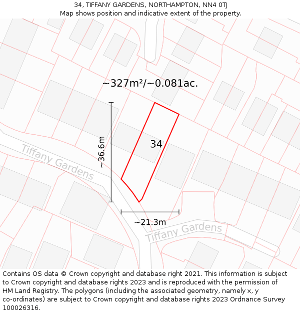 34, TIFFANY GARDENS, NORTHAMPTON, NN4 0TJ: Plot and title map