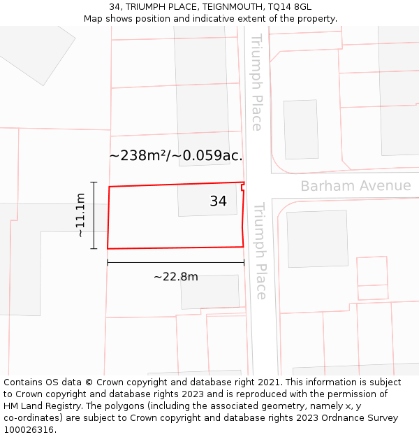 34, TRIUMPH PLACE, TEIGNMOUTH, TQ14 8GL: Plot and title map