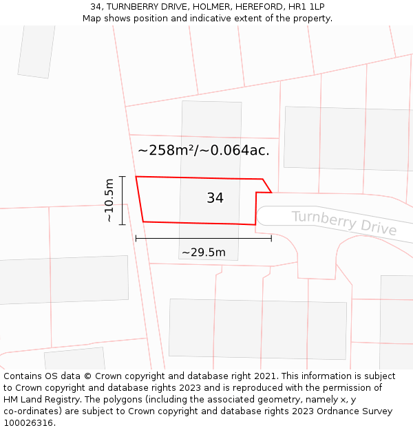 34, TURNBERRY DRIVE, HOLMER, HEREFORD, HR1 1LP: Plot and title map