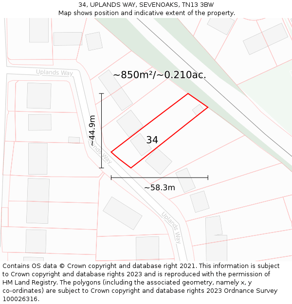 34, UPLANDS WAY, SEVENOAKS, TN13 3BW: Plot and title map