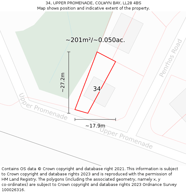 34, UPPER PROMENADE, COLWYN BAY, LL28 4BS: Plot and title map