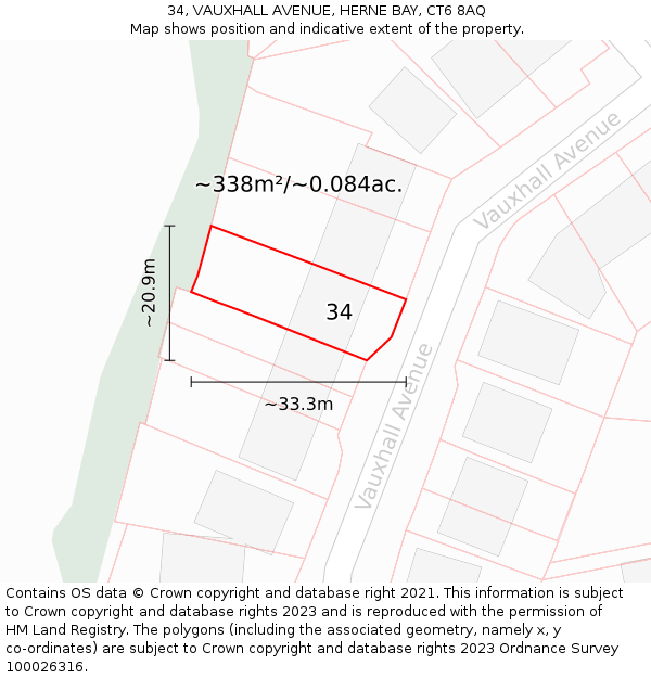 34, VAUXHALL AVENUE, HERNE BAY, CT6 8AQ: Plot and title map