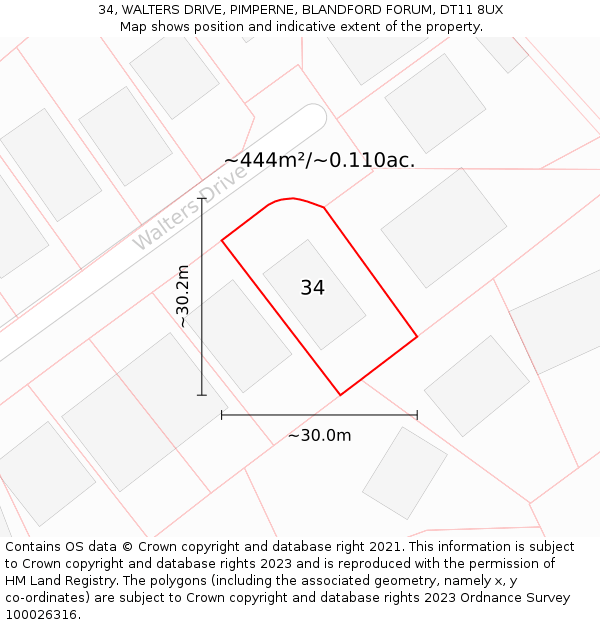 34, WALTERS DRIVE, PIMPERNE, BLANDFORD FORUM, DT11 8UX: Plot and title map