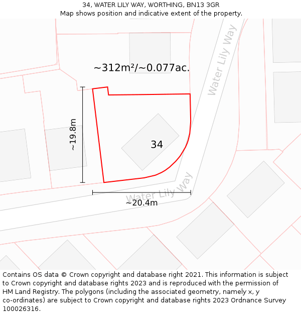 34, WATER LILY WAY, WORTHING, BN13 3GR: Plot and title map