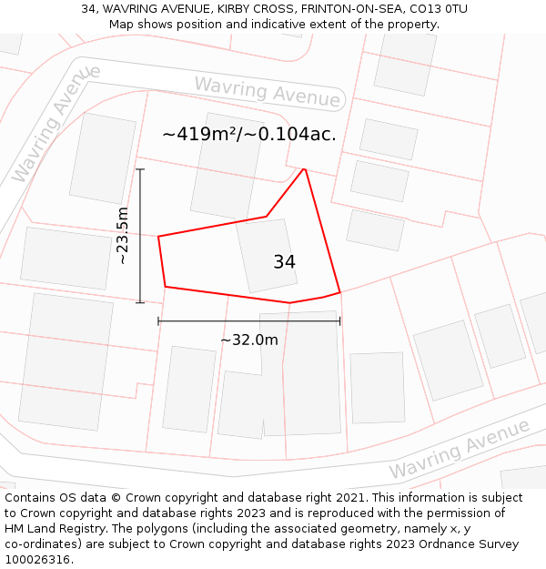 34, WAVRING AVENUE, KIRBY CROSS, FRINTON-ON-SEA, CO13 0TU: Plot and title map