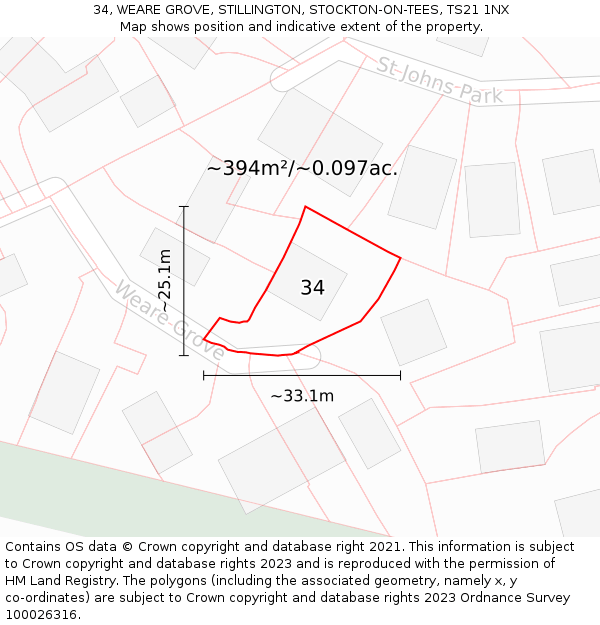 34, WEARE GROVE, STILLINGTON, STOCKTON-ON-TEES, TS21 1NX: Plot and title map