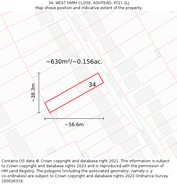 34, WEST FARM CLOSE, ASHTEAD, KT21 2LJ: Plot and title map
