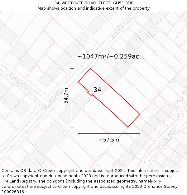 34, WESTOVER ROAD, FLEET, GU51 3DB: Plot and title map