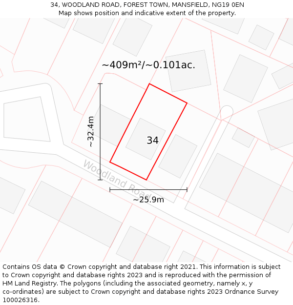 34, WOODLAND ROAD, FOREST TOWN, MANSFIELD, NG19 0EN: Plot and title map