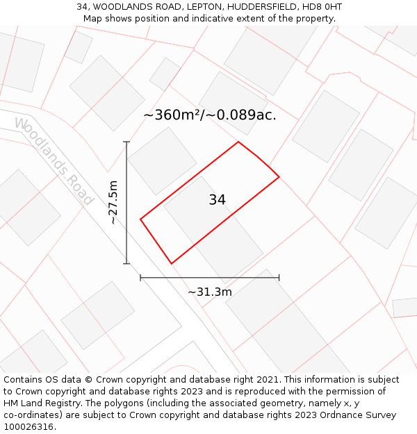 34, WOODLANDS ROAD, LEPTON, HUDDERSFIELD, HD8 0HT: Plot and title map