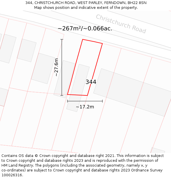 344, CHRISTCHURCH ROAD, WEST PARLEY, FERNDOWN, BH22 8SN: Plot and title map