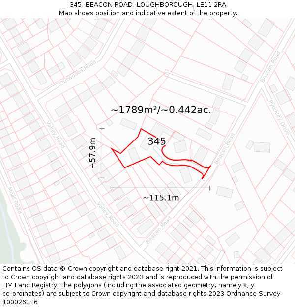 345, BEACON ROAD, LOUGHBOROUGH, LE11 2RA: Plot and title map