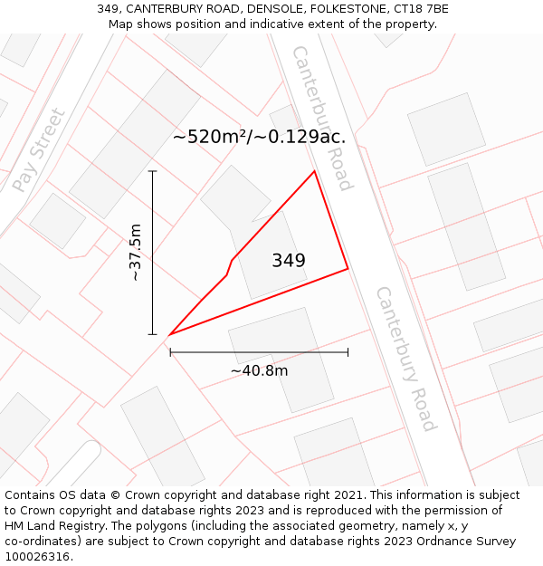 349, CANTERBURY ROAD, DENSOLE, FOLKESTONE, CT18 7BE: Plot and title map