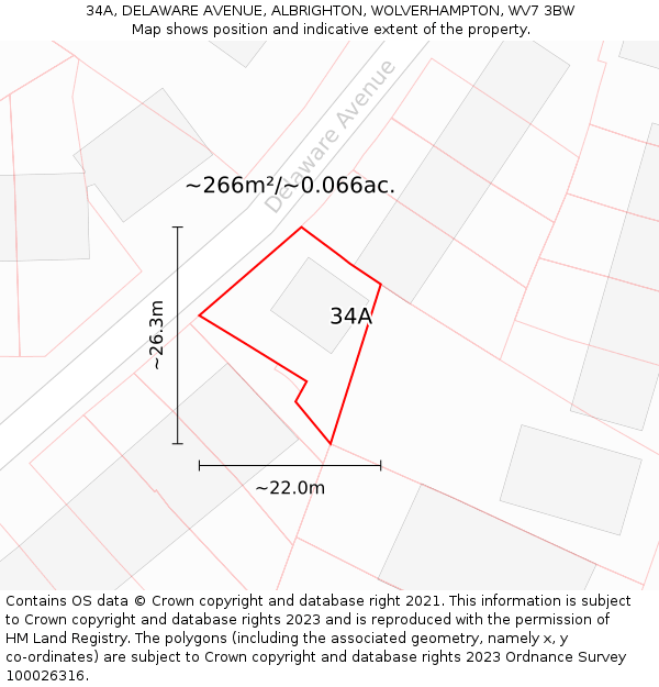 34A, DELAWARE AVENUE, ALBRIGHTON, WOLVERHAMPTON, WV7 3BW: Plot and title map