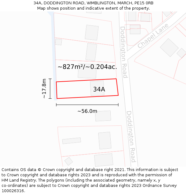 34A, DODDINGTON ROAD, WIMBLINGTON, MARCH, PE15 0RB: Plot and title map