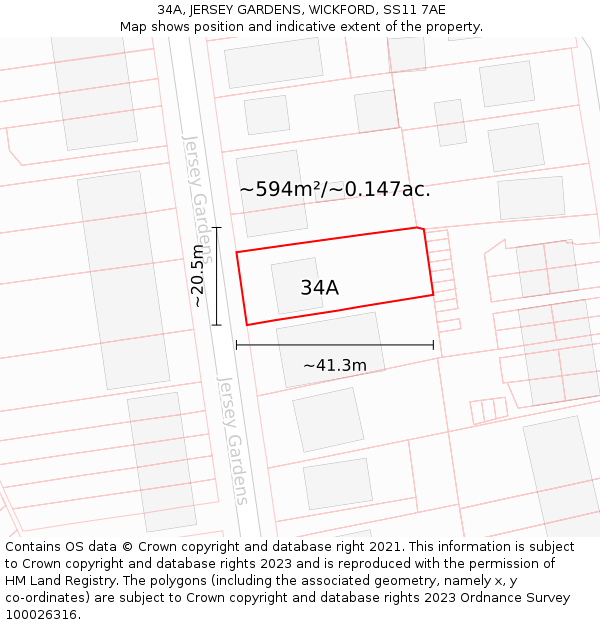 34A, JERSEY GARDENS, WICKFORD, SS11 7AE: Plot and title map