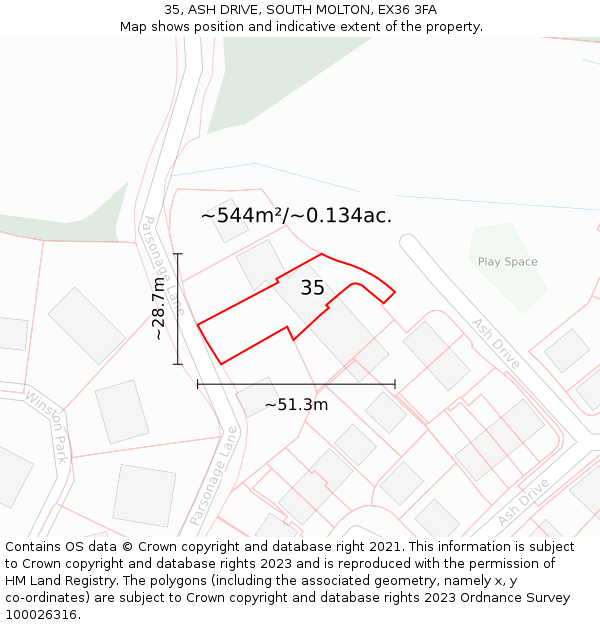 35, ASH DRIVE, SOUTH MOLTON, EX36 3FA: Plot and title map