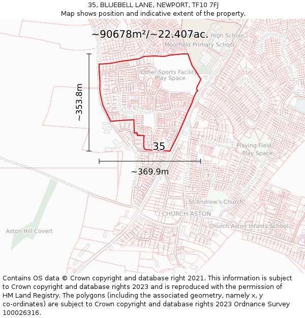 35, BLUEBELL LANE, NEWPORT, TF10 7FJ: Plot and title map