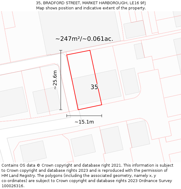 35, BRADFORD STREET, MARKET HARBOROUGH, LE16 9FJ: Plot and title map