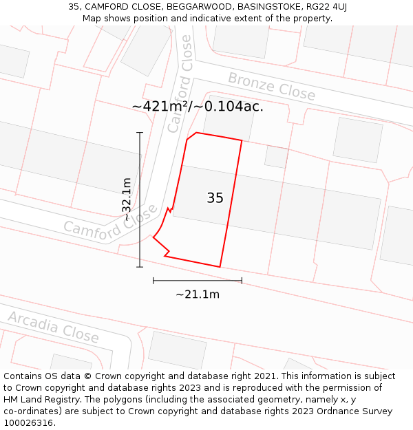 35, CAMFORD CLOSE, BEGGARWOOD, BASINGSTOKE, RG22 4UJ: Plot and title map