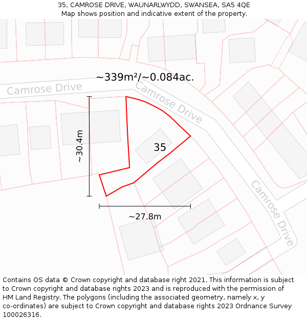 35, CAMROSE DRIVE, WAUNARLWYDD, SWANSEA, SA5 4QE: Plot and title map