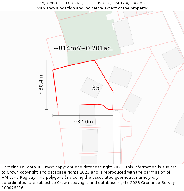 35, CARR FIELD DRIVE, LUDDENDEN, HALIFAX, HX2 6RJ: Plot and title map