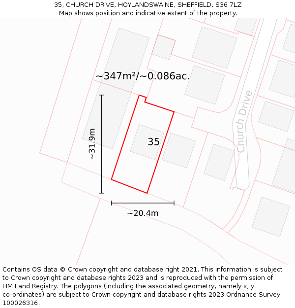 35, CHURCH DRIVE, HOYLANDSWAINE, SHEFFIELD, S36 7LZ: Plot and title map