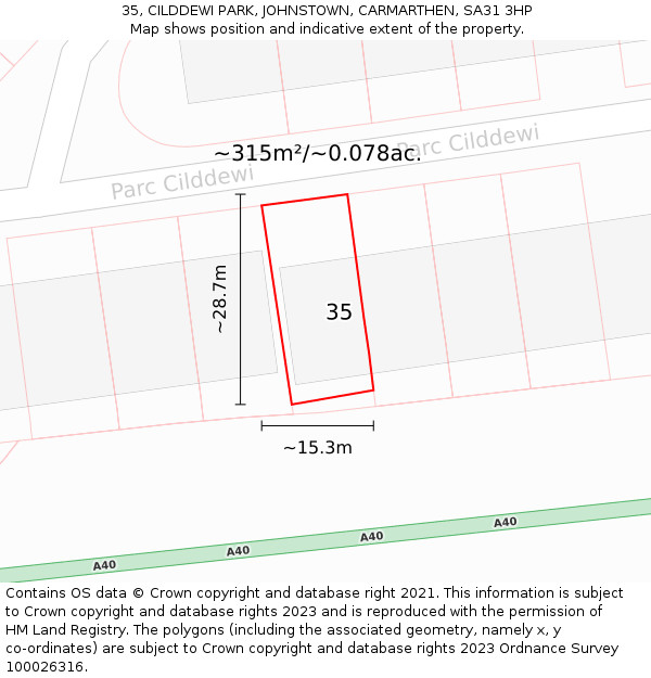 35, CILDDEWI PARK, JOHNSTOWN, CARMARTHEN, SA31 3HP: Plot and title map