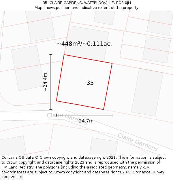 35, CLAIRE GARDENS, WATERLOOVILLE, PO8 0JH: Plot and title map