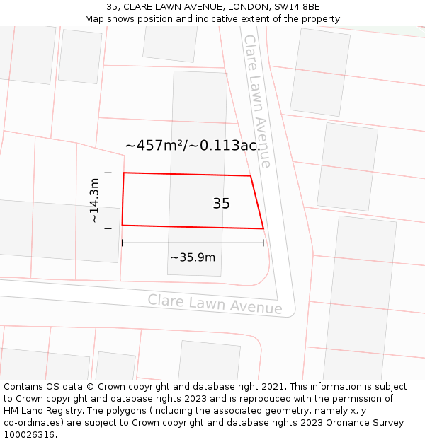 35, CLARE LAWN AVENUE, LONDON, SW14 8BE: Plot and title map