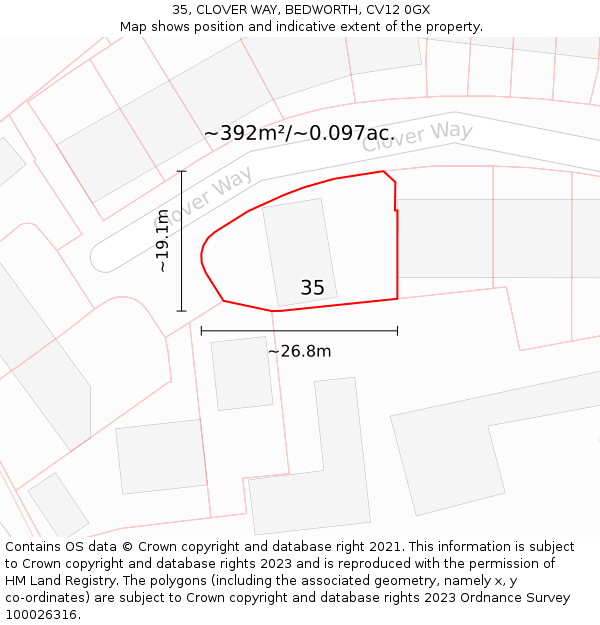 35, CLOVER WAY, BEDWORTH, CV12 0GX: Plot and title map