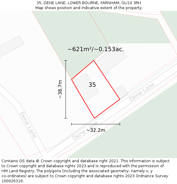 35, DENE LANE, LOWER BOURNE, FARNHAM, GU10 3RH: Plot and title map