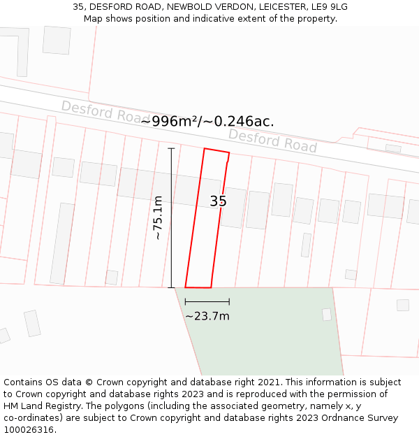 35, DESFORD ROAD, NEWBOLD VERDON, LEICESTER, LE9 9LG: Plot and title map