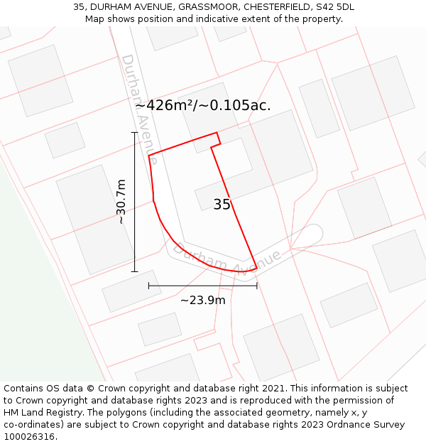 35, DURHAM AVENUE, GRASSMOOR, CHESTERFIELD, S42 5DL: Plot and title map