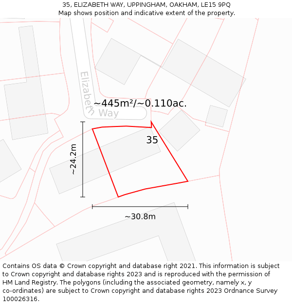 35, ELIZABETH WAY, UPPINGHAM, OAKHAM, LE15 9PQ: Plot and title map