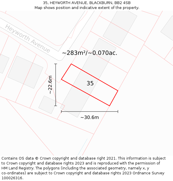 35, HEYWORTH AVENUE, BLACKBURN, BB2 4SB: Plot and title map