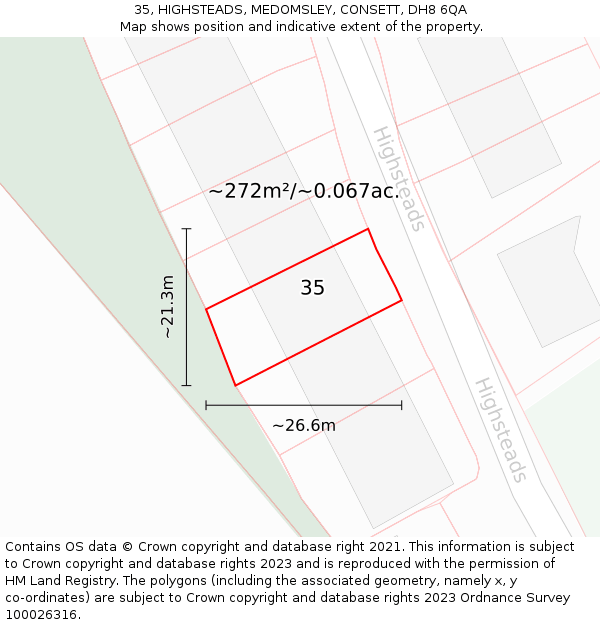 35, HIGHSTEADS, MEDOMSLEY, CONSETT, DH8 6QA: Plot and title map