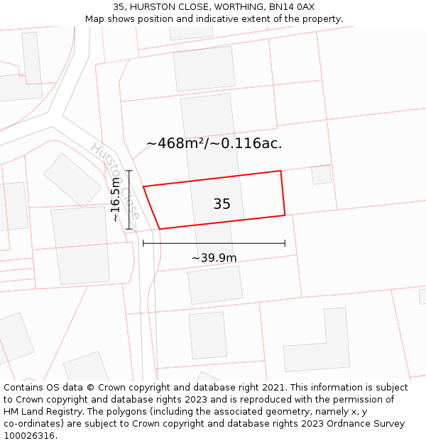 35, HURSTON CLOSE, WORTHING, BN14 0AX: Plot and title map