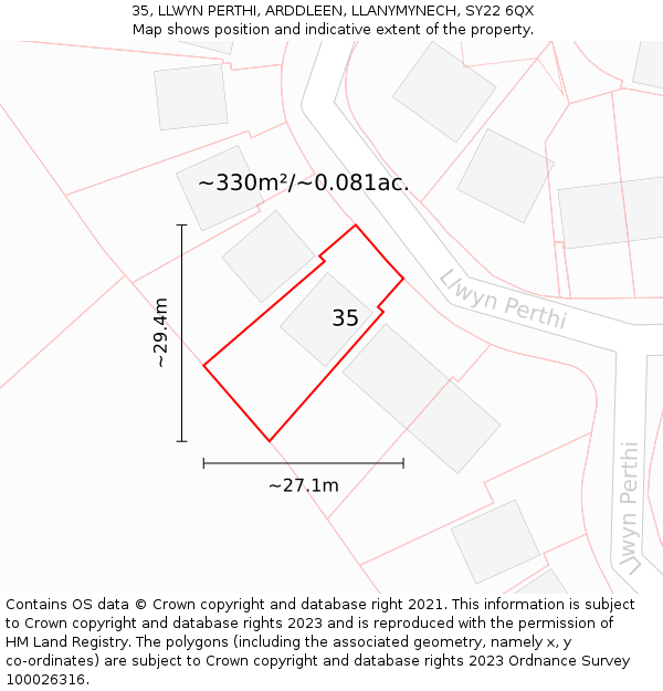 35, LLWYN PERTHI, ARDDLEEN, LLANYMYNECH, SY22 6QX: Plot and title map