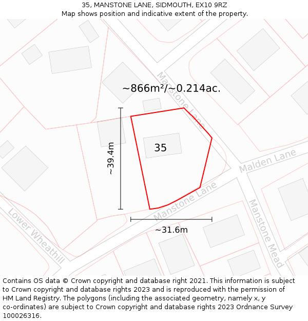 35, MANSTONE LANE, SIDMOUTH, EX10 9RZ: Plot and title map