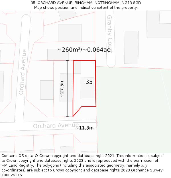 35, ORCHARD AVENUE, BINGHAM, NOTTINGHAM, NG13 8GD: Plot and title map