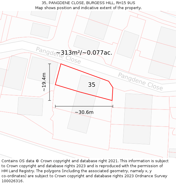 35, PANGDENE CLOSE, BURGESS HILL, RH15 9US: Plot and title map