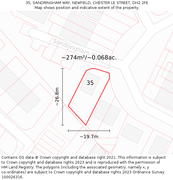 35, SANDRINGHAM WAY, NEWFIELD, CHESTER LE STREET, DH2 2FE: Plot and title map