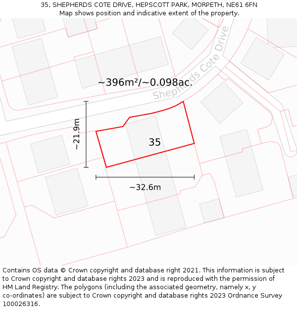 35, SHEPHERDS COTE DRIVE, HEPSCOTT PARK, MORPETH, NE61 6FN: Plot and title map