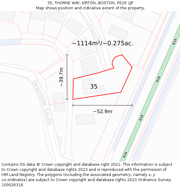 35, THORNE WAY, KIRTON, BOSTON, PE20 1JP: Plot and title map